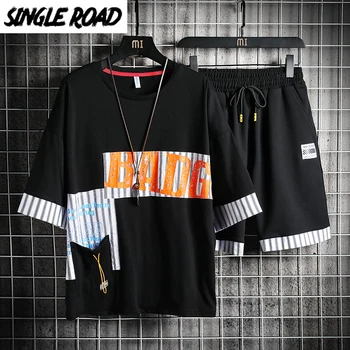 

SingleRoad Men's Tracksuit Men Clothing 2020 Striped Patchwork Streetwear T-shirt Shorts Sportswear Hip Hop 2 Pieces Set Male