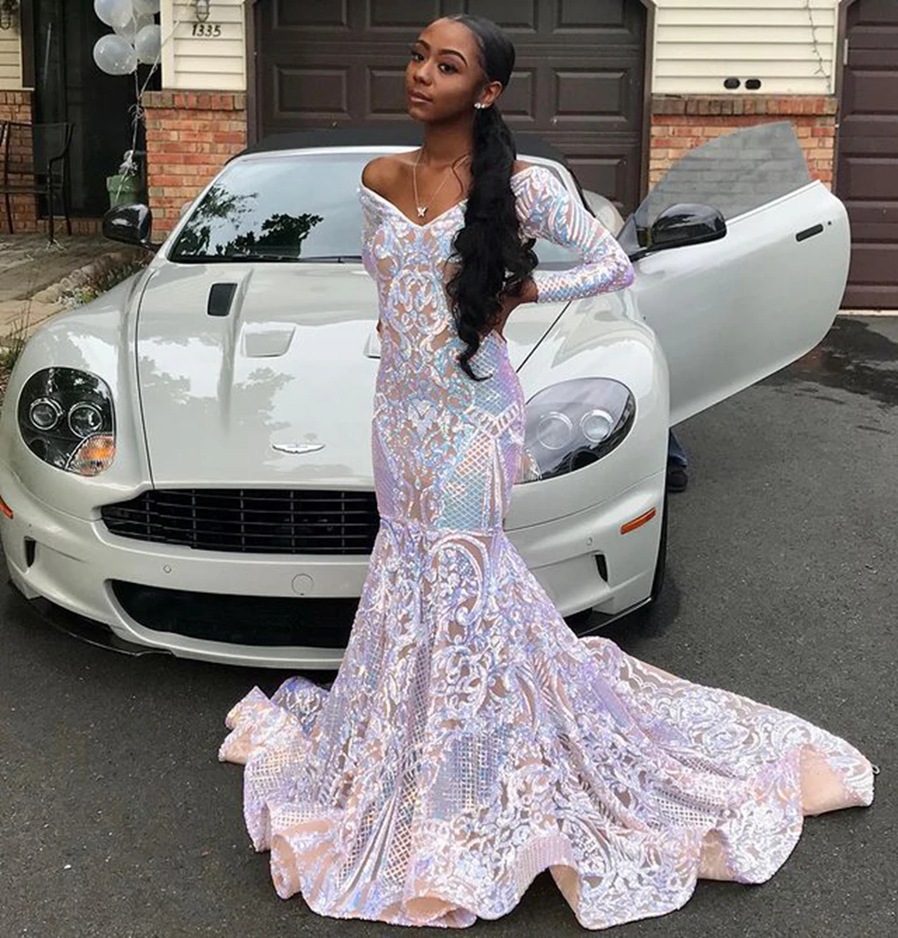 Long Elegant Prom Dresses 2022 V-neck Off The Shoulder Long Sleeve Mermaid Style Sparkly Sequin African Black Girls Prom Gowns pretty prom dresses