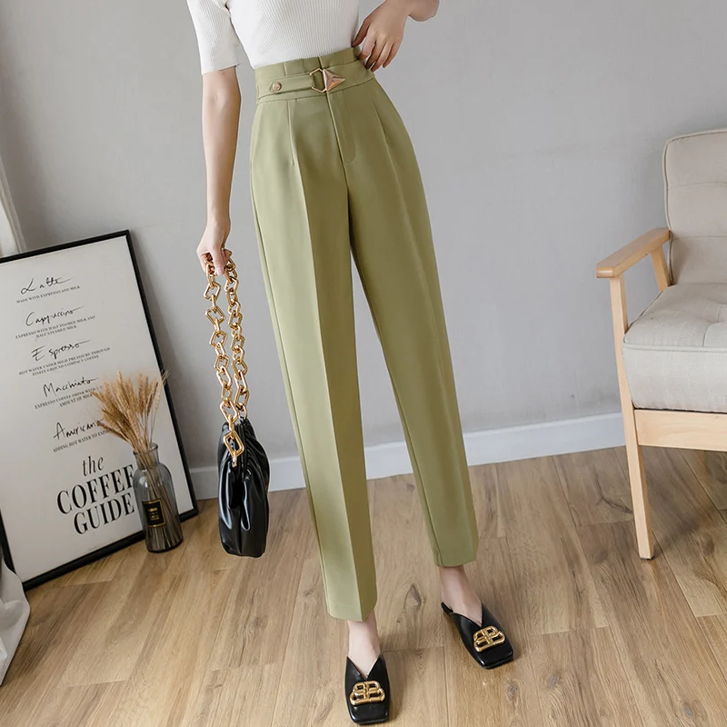 2020 New Spring Summer Korean OL Style Women Formal Harem Pants Sashes Pockets High Waist Office Lady Ankle-Length Pants