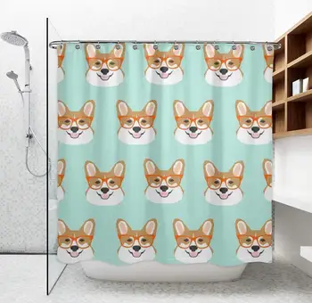 

100% Polyester Fabric Shower Curtain for Bathroom, Water-Repellent Shower Curtains Funny Corgi Dogs with Durable 12 Hooks 72 X