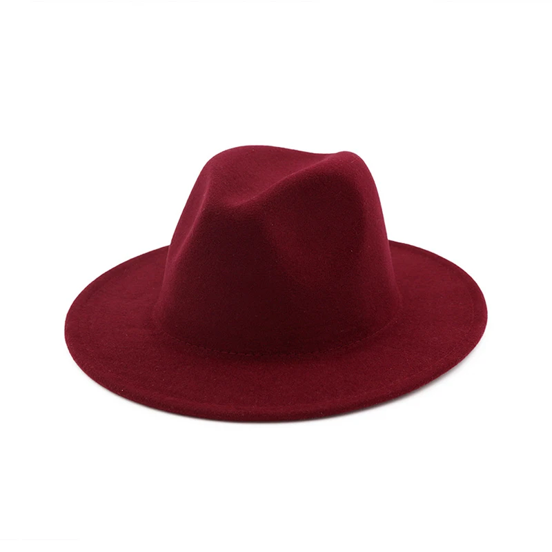 Wine Red Fedoras FS Женская фетровая шляпа из шерсти, зимняя джазовая черная розовая красная шляпа для мужчин с широкими полями, шерстяная Панама, осень - Цвет: Wine Red Fedoras