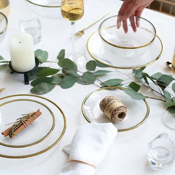 

New 1PCS European Phnom Penh Hammer Pattern Glass Bowl Western Gold Edge Steak Dinner Set Plate Rice Bowl For Home Kitchen Decor