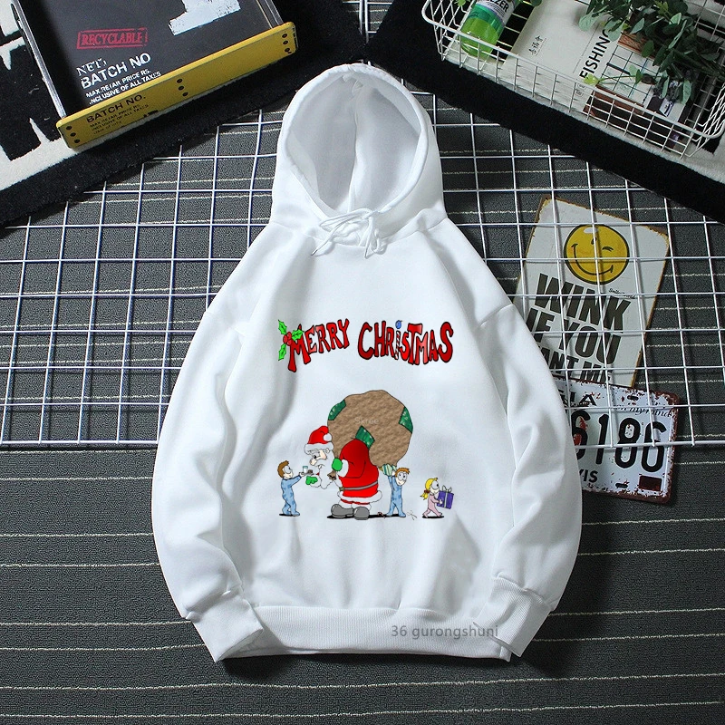 

Funny boys hoodie cartoon Santa Claus giving gifts graphic print cute girls hoodie tops Harajuku kids Christmas costume tops