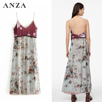 

ANZA Women Slip Dress with V-neck Sleeveless Patchwork Eleagant Loose Tweed Mididress