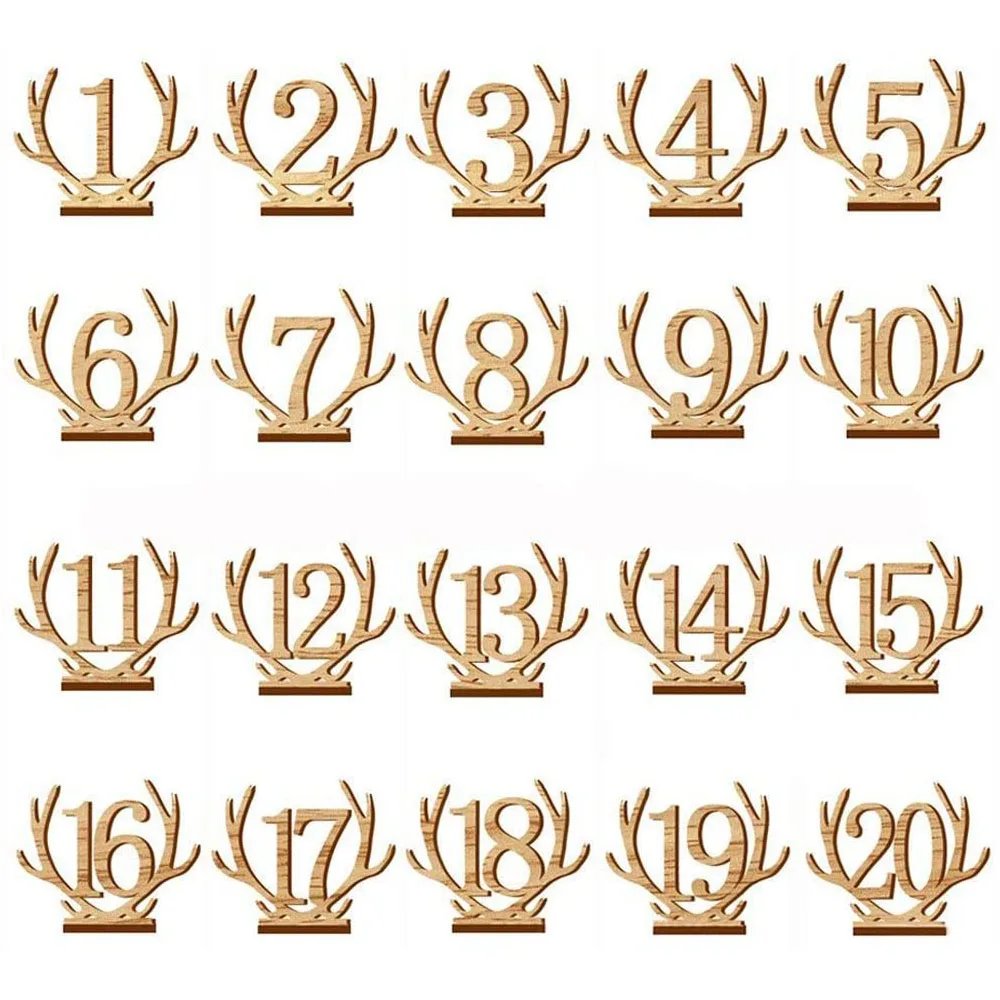 20Pcs 1-20 Number Antler Wedding Wooden Table Numbers Set With Gifts Wedding Birthday Base Party Decor Supplies
