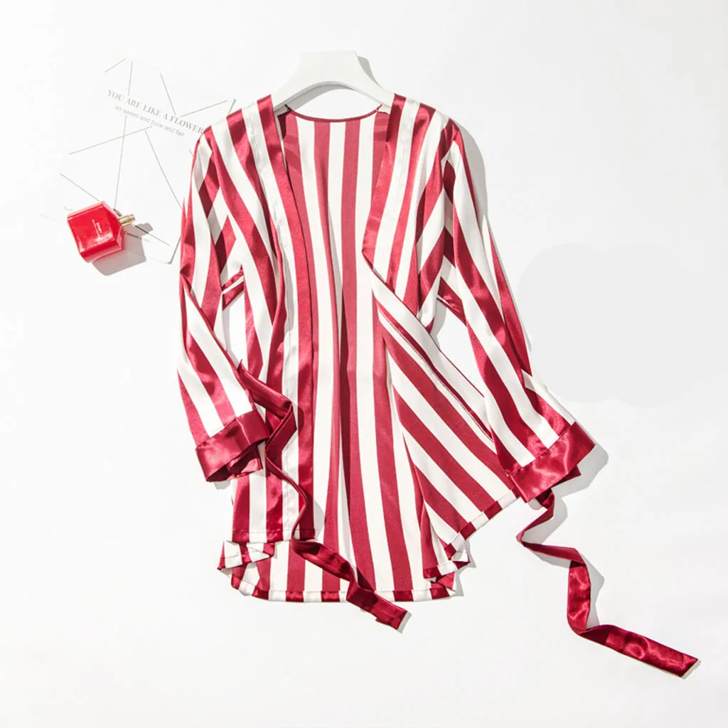 Женская модная полосатая Пижама, одежда для сна, длинные брюки, одежда для сна, комплект из 3 предметов, Шелковый Атласный халат, цветочный кружевной рукав, сексуальный Неглиже