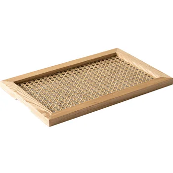 

Household Japanese Rattan Wooden Tray Ins Nordic Tea Tray Breakfast Retro Decorations and Ornaments Tray