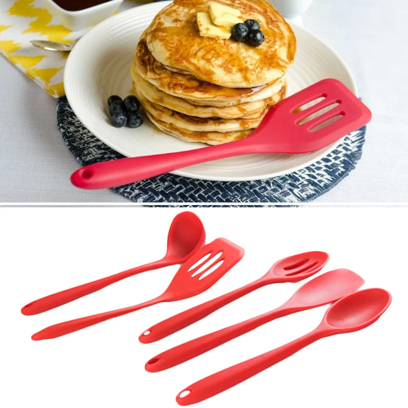 

Cooking Utensils Silicone Restaurant Bar Bakery Kitchenware Suit Red 5Pcs/Set Heatproof Home Salad Ladlescoop Nonstick Pan