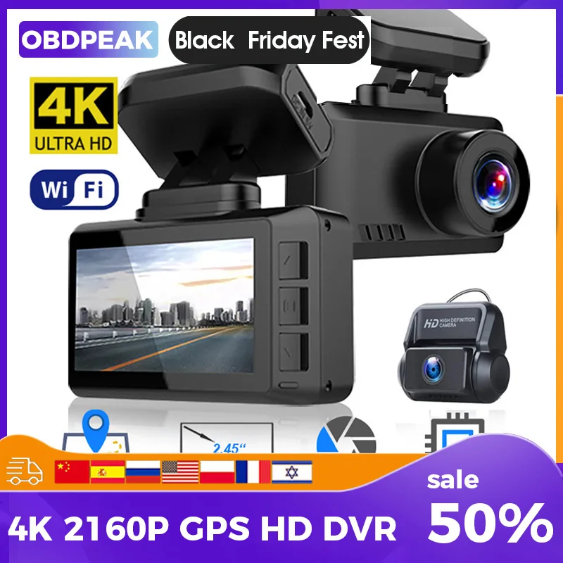 

Dash Cam Car Video Recorder 4K WIFI 3 in 1 DVR GPS Track 30FPS Ultra HD Super Night Vision Camera 2160P 24H Parking Dash Camera