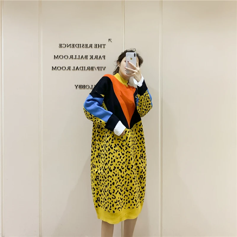 Autumn Winter Large and Long Knitted Dress with Round Neck and Leopard Pattern Pullover for Women Plus Size Women Sweater