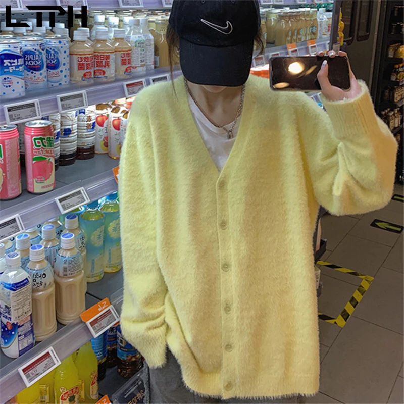

LTPH 2020 Autumn Winter new arrival Fashion Korean Loose All-match Mohair knitted cardigan women Solid color sweater jacket coat