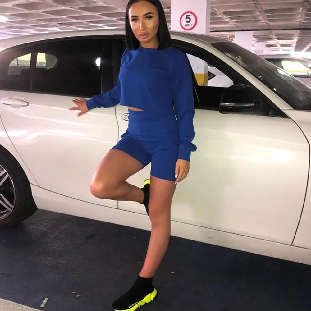 2Pcs Summer Women Running Set Tracksuit Sweatshirts Long Sleeve Top High Waist Short Pant Spring Autumn Jogging Sport Suit - Цвет: Синий