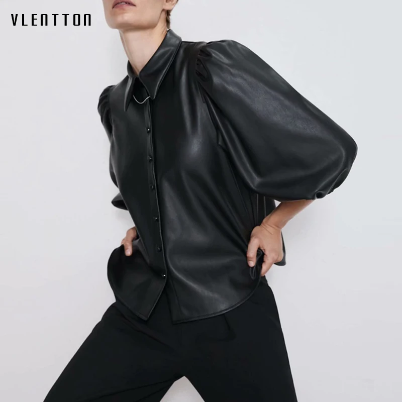 Prix 2019 automne nouveau bouffée manches courtes Blouse femmes mode bouton solide Faux cuir chemises dames décontracté hauts noirs femme Blusas