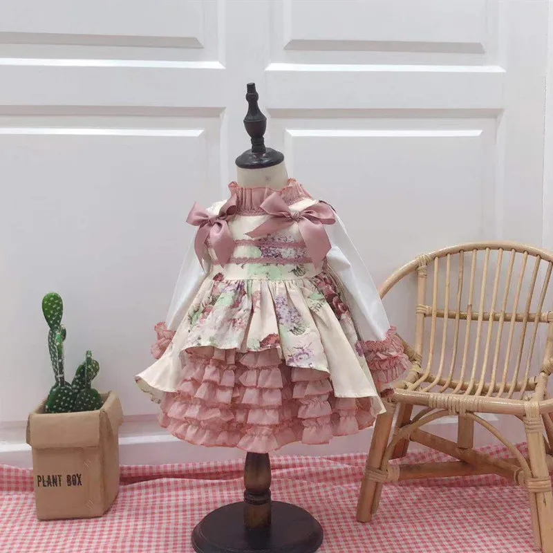 2 предмета, осенне-зимнее испанское вечернее платье Лолита, От 0 до 7 лет, бальное платье для детей, одежда платье принцессы с длинными рукавами и цветочным рисунком для девочек