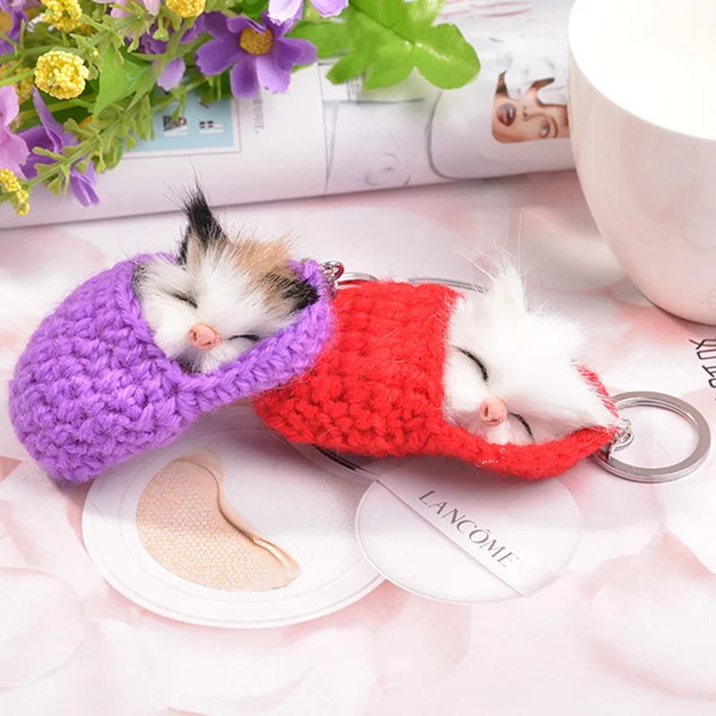 

Cute Sleeping Cat Pompom Keychains For Women Girls Handmade Woven Faux Rabbit Fur Kitten Key Chains Fluffy Car Key Rings