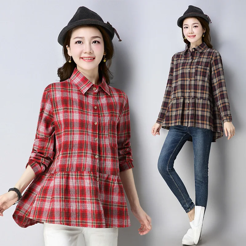 

Plaid Shirt Female Long Sleeve 2019 Spring Clothing New Style Loose And Plus-sized Shirt Slimming Tops Women's Cotton