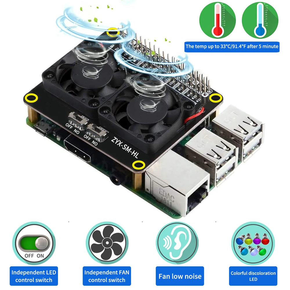 

Raspberry Pi 4 Model B LED Dual Cooling Fan Automatic Discoloration GPIO Expansion Board + Switch for Raspberry Pi 4B/3B+/3B/3A+