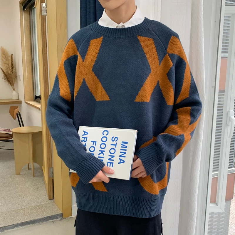 

2019 Autumn And Winter New Sweater Male Ins Port Wind Loose Round Neck Trend Wild Long Sleeve Coat Blue / Gray M-2XL