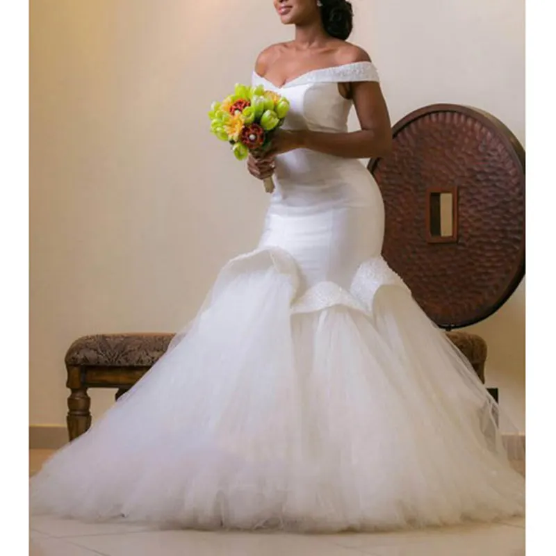 

Ivory New Arrival Plus Size Africa Design Off The Shoulder Beading Mermaid With Sweep Train Wedding Dress For Black Girls Gowns