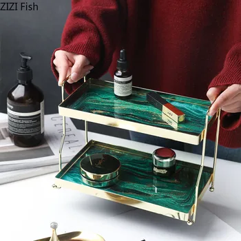 

Nordic Agate Texture Golden Storage Tray Home Decor Plates Double Metal Snacks Cake Plate Mirror Skincare Jewelry Display Tray