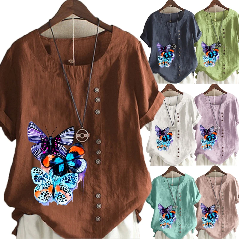 

New Women's Summer Short Sleeve T-shirt Casual Cotton Linen Graphic Shirt Leisure Fashion Loose Butterflies Prined Blouse Tops