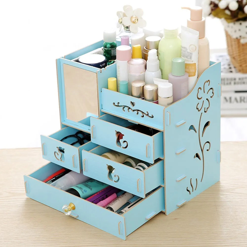 DIY Desktop Makeup Cosmetic Storage Box Assembly Wooden Large Capacity Case Cosmetic Accessory Cont