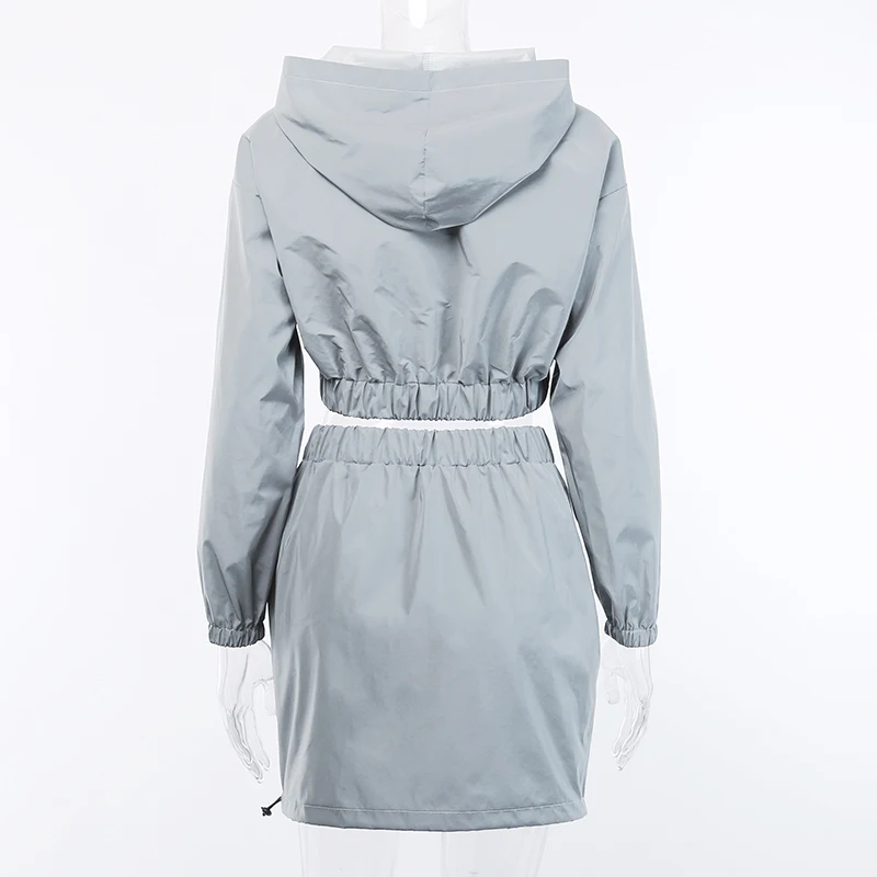 InstaHot женский серый комплект из двух предметов эластичная юбка и толстовки укороченный топ светоотражающий Flash Streetweat Повседневный
