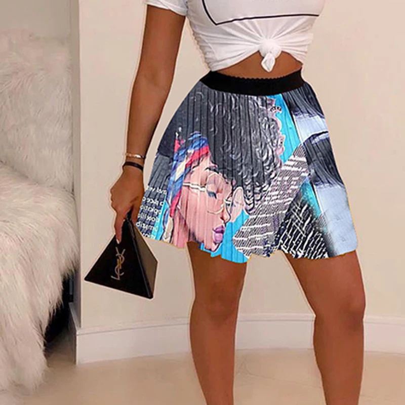 Женская плиссированная юбка с мультяшным принтом размера плюс, мини-юбка длиной выше колена в стиле Харадзюку с высокой талией, модная уличная одежда для музыкального фестиваля - Цвет: Синий