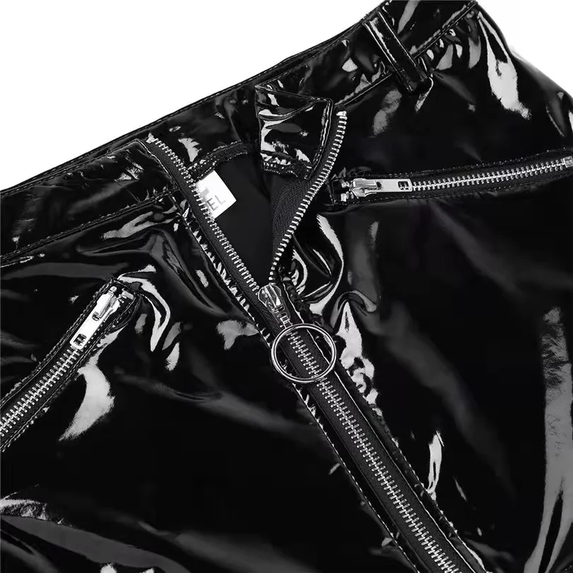 Women Sexy Leather Sheath Mini Dress Female Erotic Porn Opening Crotch Bag Hip Skirt Glossy Shaping Latex Waist Mini Skirt Sexi