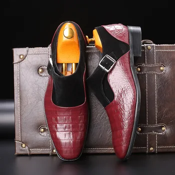 

Men's Side Buckle Strap Dress Shoes Wedding Party Formal Shoes Men Metal Belt Pointed Crocodile Leather Business Shoes