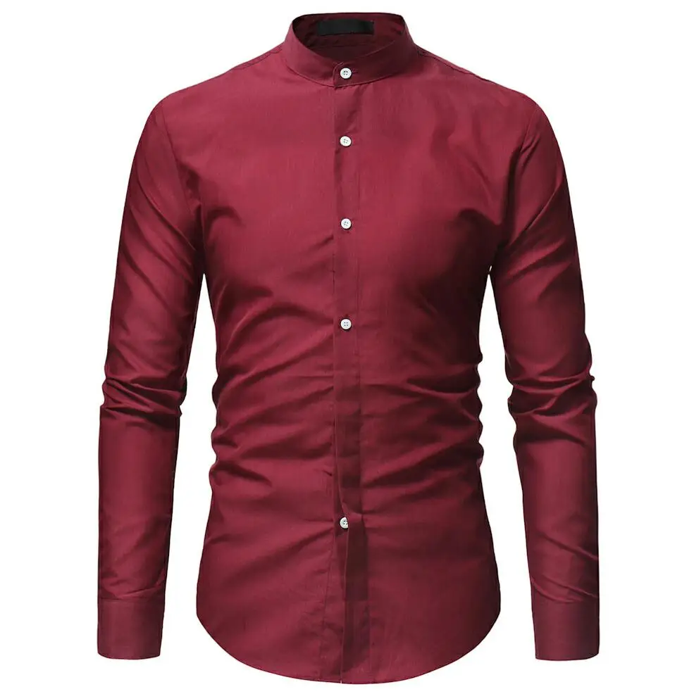 Red Shirt Men Брендовые повседневные рубашки для мужчин мода воротник стойка сплошной цвет длинный рукав платье рубашка зауженные официальные бизнес Camisa Masculina - Цвет: Red Shirt Men