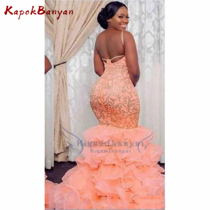 Plus Size Orange Applique Ruffles Mermaid Prom Party Gowns Spaghetti Zipper Back Long Evening Dresses Formal Party Dress