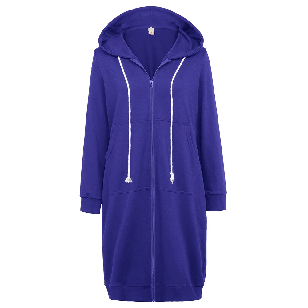 Dark Blue GK Женское пальто осень повседневные Длинные куртки с длинным рукавом на молнии спереди с капюшоном женское длинное пальто серый черный - Цвет: Dark Blue