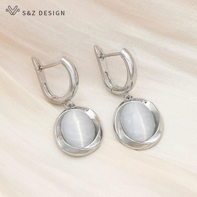 S&Z DESIGN New Elegant 585 Rose Gold Color Egg Shape Oval Cat's Eye Dangle Earrings For Women Wedding Natural Zircon Jewelry
