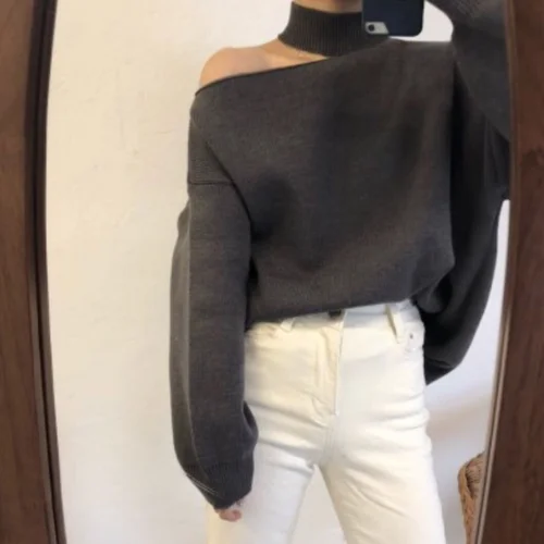 Neploe, сексуальный вязаный свитер с бретелькой через шею, женский джемпер,, Осень-зима, пуловер без бретелек, длинный рукав, женская вязаная одежда, Pull Femme 54711 - Цвет: Dark Gray