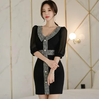 

Winter Color Patchwork Half Sleeve Black Vestidos High Waist Mini Bodycon Women Sexy Dresses