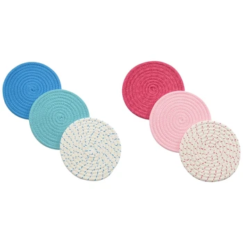 

6 Pcs Pot Holder Woven Cotton Thread Holder Set Coasters, 3 Pcs Pink-Rose Red-White & 3 Pcs Blue-Water Blue-White