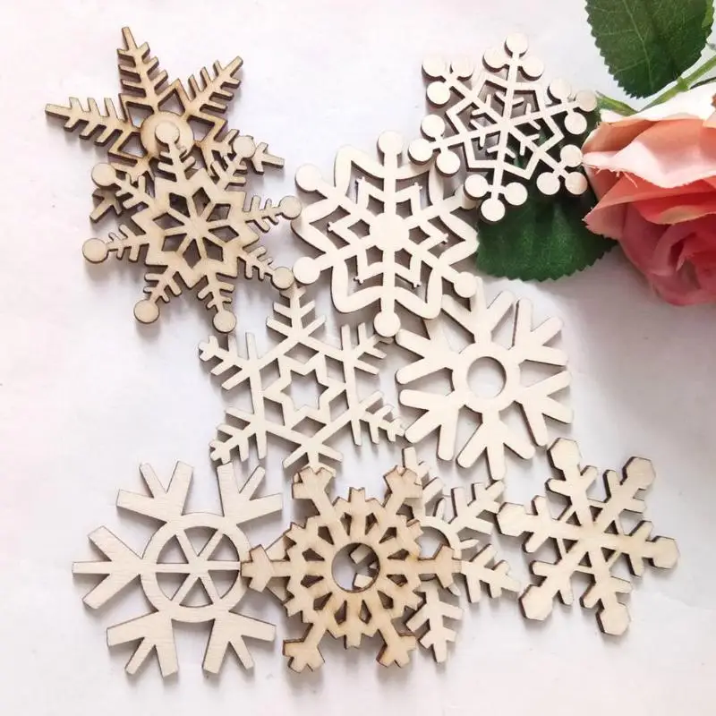 10pcs Christmas Wooden Snowflake Shape Hanging Ornament Charms Drop Pendant