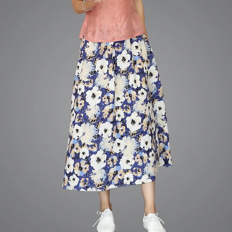 

Bohemian Big Hemline Mid-length High-waisted Floral Printed Pleated Summer New Style Cotton Linen Puffy Skirt