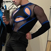 

Stylish New Men's T-Shirts Patchwork Breatable Mesh Tops 2021 Long Sleeve Camiseta Hollow Fashionable Casual Tees S-5XL INCERUN