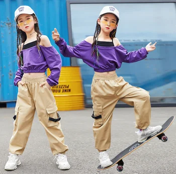 

Girls Hip Hop Dance Costumes Stage Off-shoulder Top Clothing Children Modern Street Dancing Wear Girls Jazz Outfits 12 14 16 Yrs