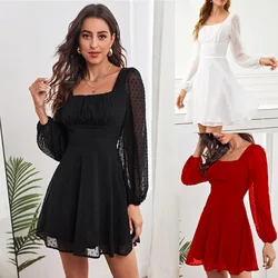 Vestido de cuello cuadrado con cintura y falda fina, novedad de Primavera de 2022
