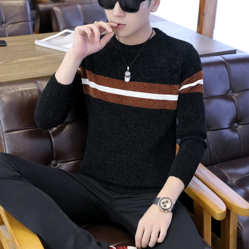 

Stripe color contrast sweater men's Korean Pullover Sweater thickened trendy student's bottoming shirt
