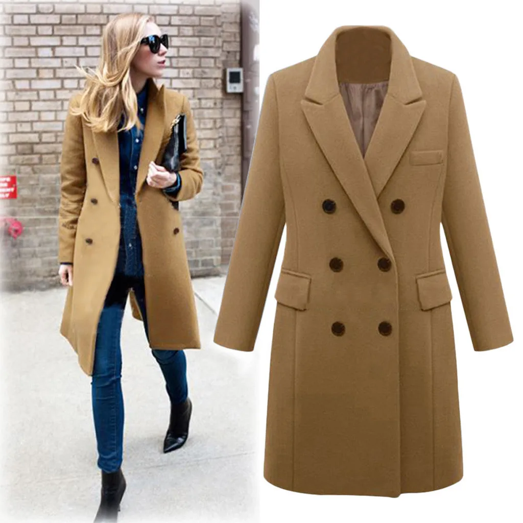 Winter Women Lapel Woollen Blends Coat Solid Trench Jacket Oversize Long Overcoat Turn-Down Collar Outwear Jacket Plus Size Coat