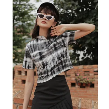 

Tie Dye Crop Top Women Short Sleeve T Shrit Summer Top Mandarin Collar Designer Tee Shirt Femme Z030