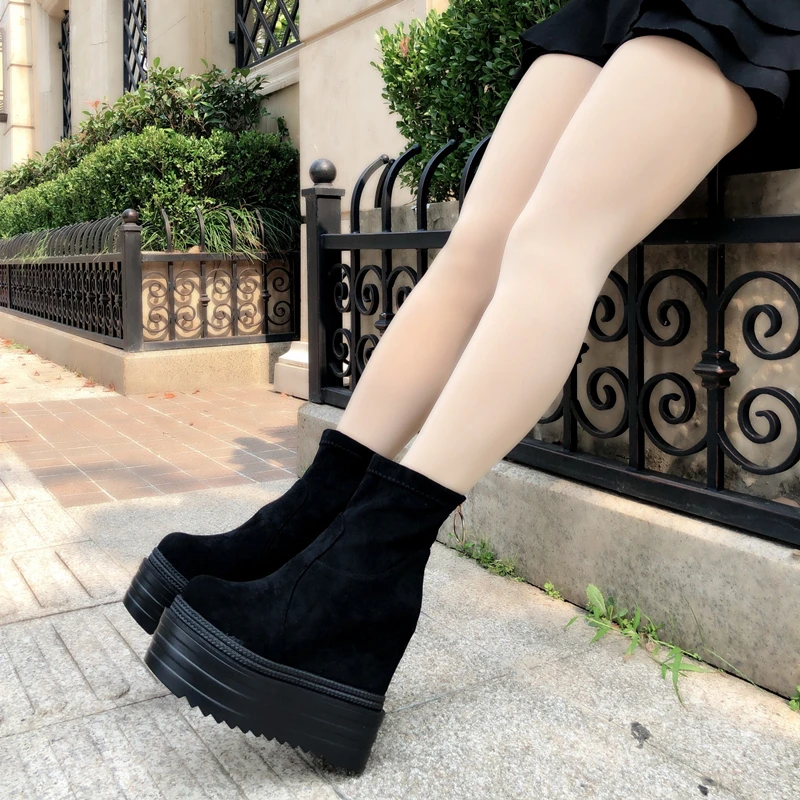 Wedges Inside Increased Womens Boots Thick-Sole Short Boots Waterproof Platform High-Heel Middle Tube Boots Sexy Martin Boots 39