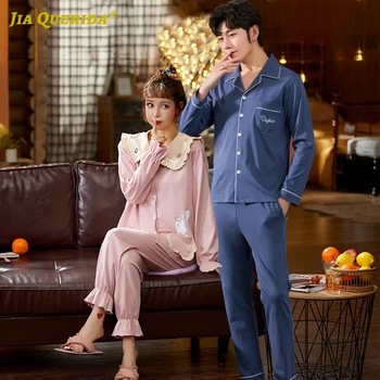 

Pajamas New Soft Fashion Style Casual Style Man and Woman Pajamas Set Pj Set Turn Down Collar Long Sleeve Long Pants Button