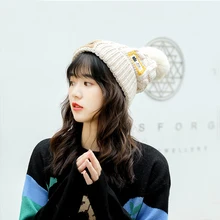 Женская осенняя и зимняя шерстяная маркировка шляп с буквенным принтом, шапка с шариковой головкой, бархатная Толстая теплая вязаная шапка, шапка