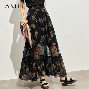 

Amii Minimalist Chiffon Lace Skirt Summer Women Perspective Floral Print Loose Female Long Skirt 11940399