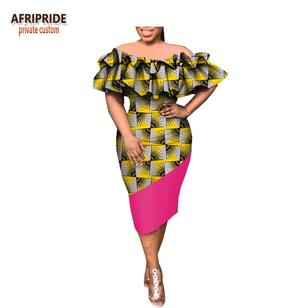 Весеннее платье для женщин AFRIPRIDE customzied с оборками рукавом slash шеи длиной до колена карандаш женское повседневное Хлопковое платье A1825020 - Цвет: 523-7